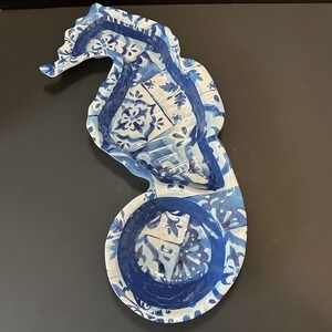 Seahorse Serving Plate/Platter 19"chip/dip 100% Melamine Blue White Tile pattern